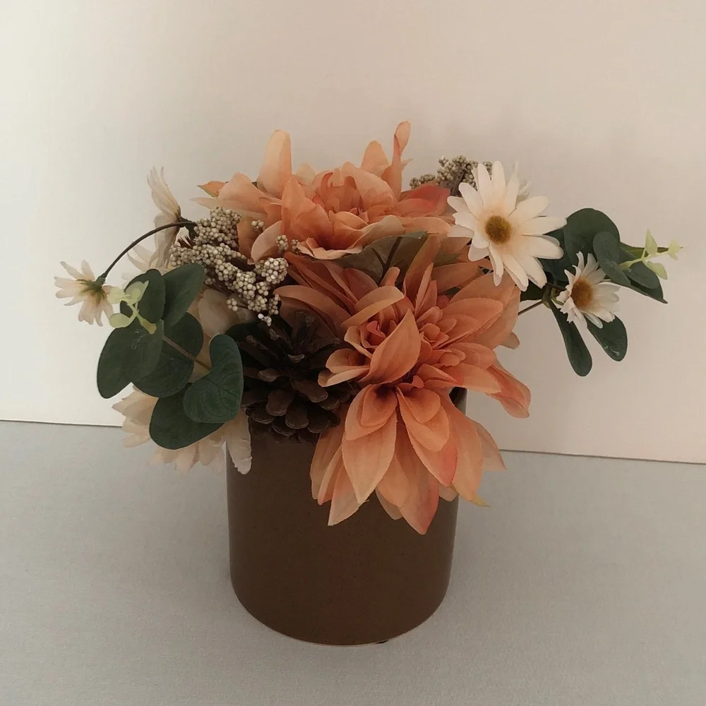 Peach & White Floral Arrangement in Brown Vase